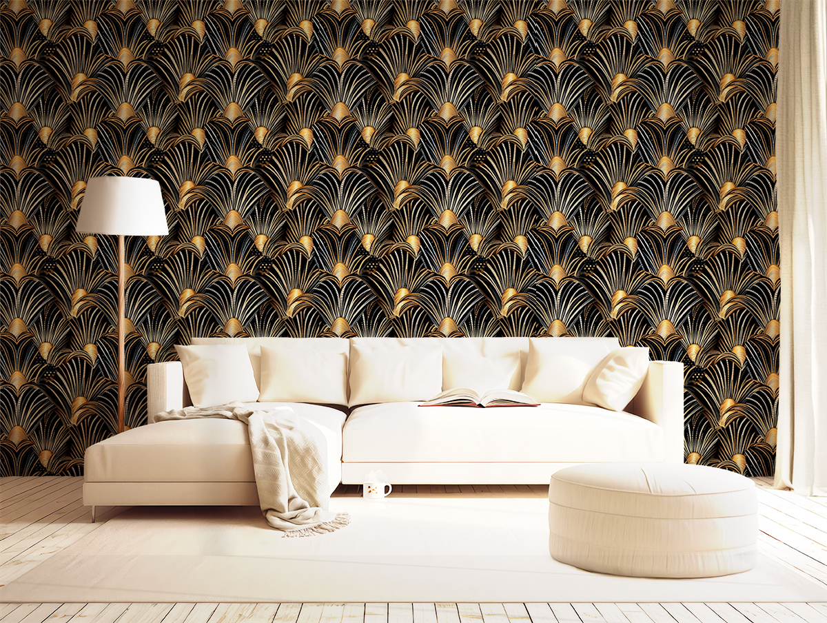 Art Nouveau Deco Gold and Black Mural Wallpaper