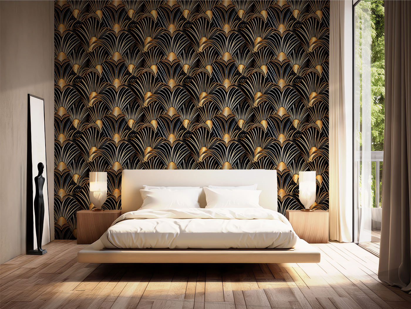 Art Nouveau Deco Gold and Black Mural Wallpaper