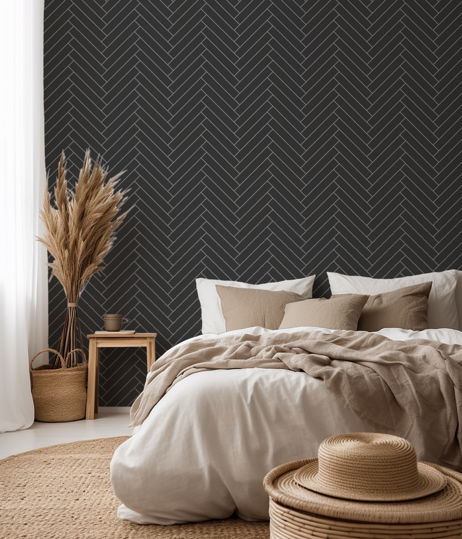 Classic Herringbone Tile Black Mural Wallpaper