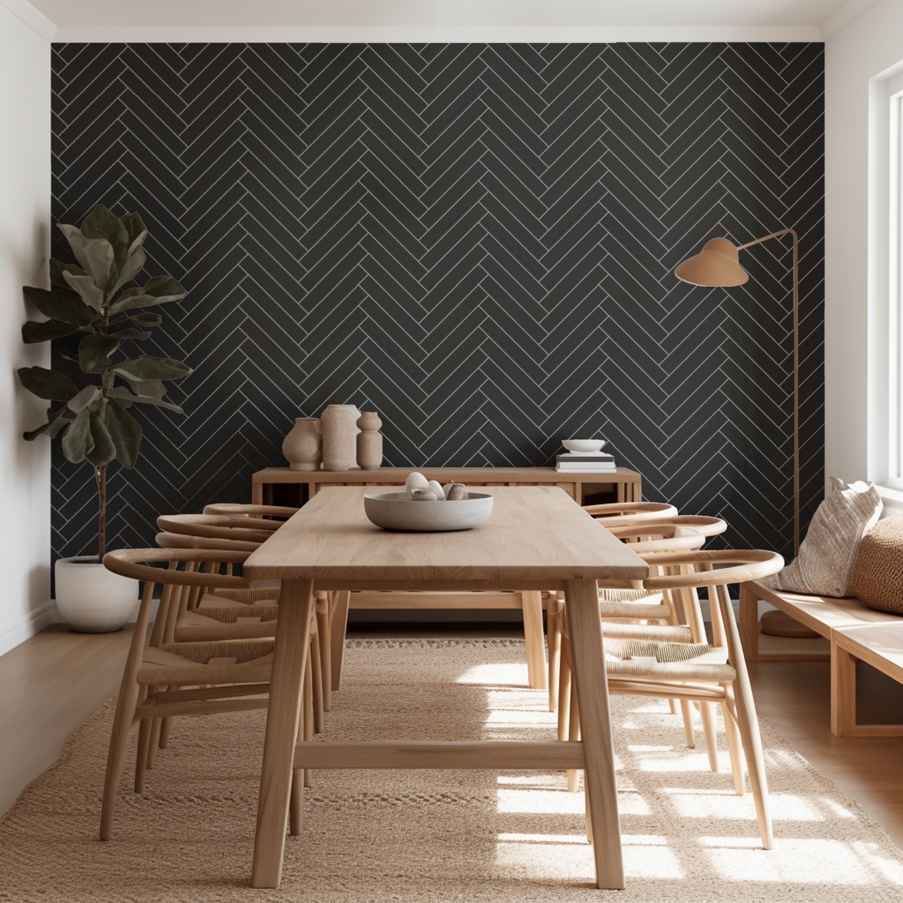 Classic Herringbone Tile Black Mural Wallpaper