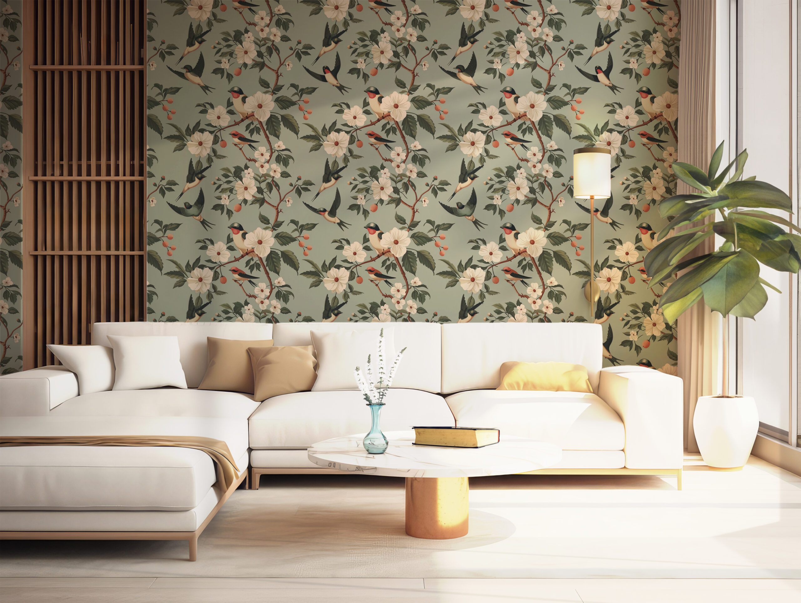 Soft Green Birds Vintage Floral Wallpaper Mural