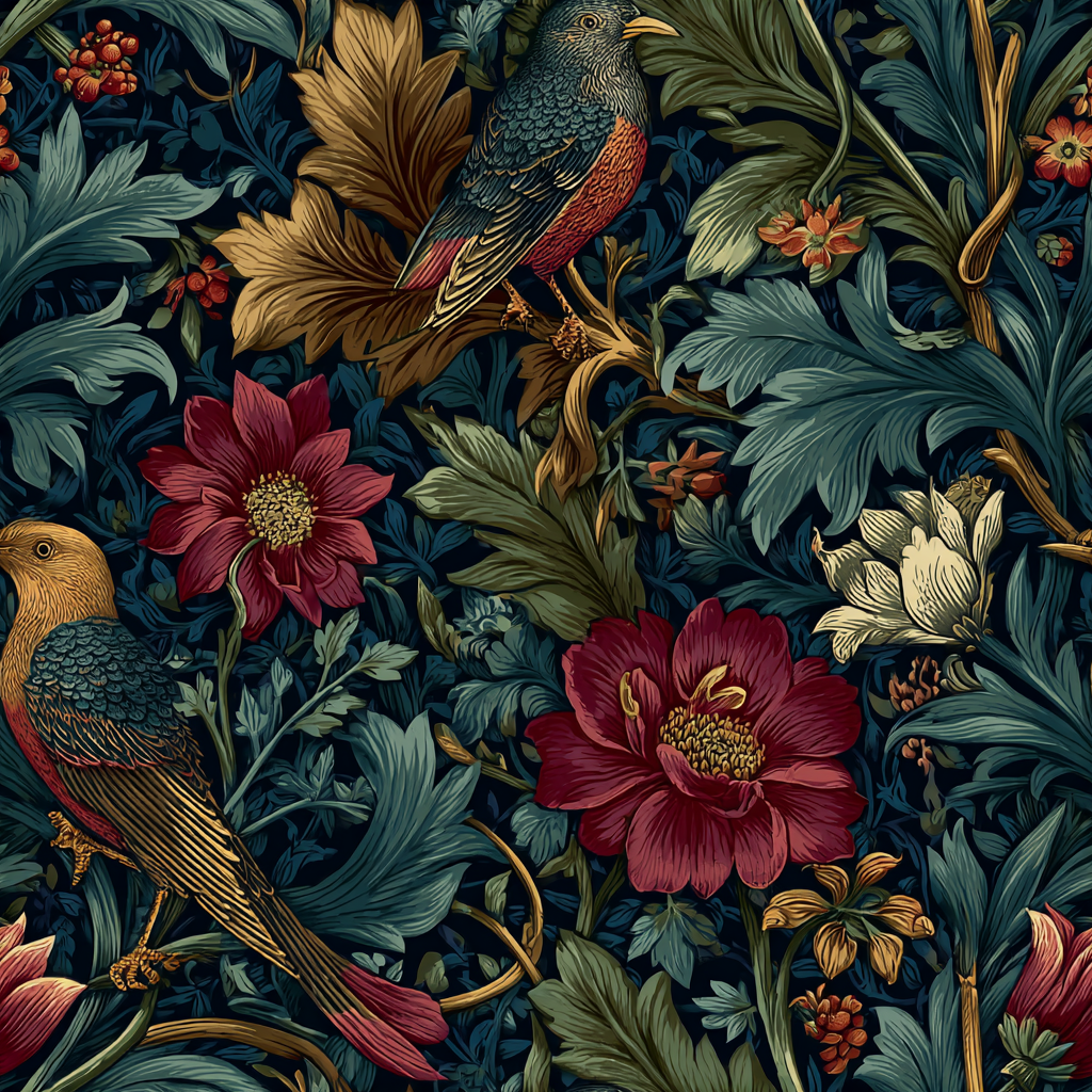 Victorian Bird & Flower Deep Blue & Green Mural