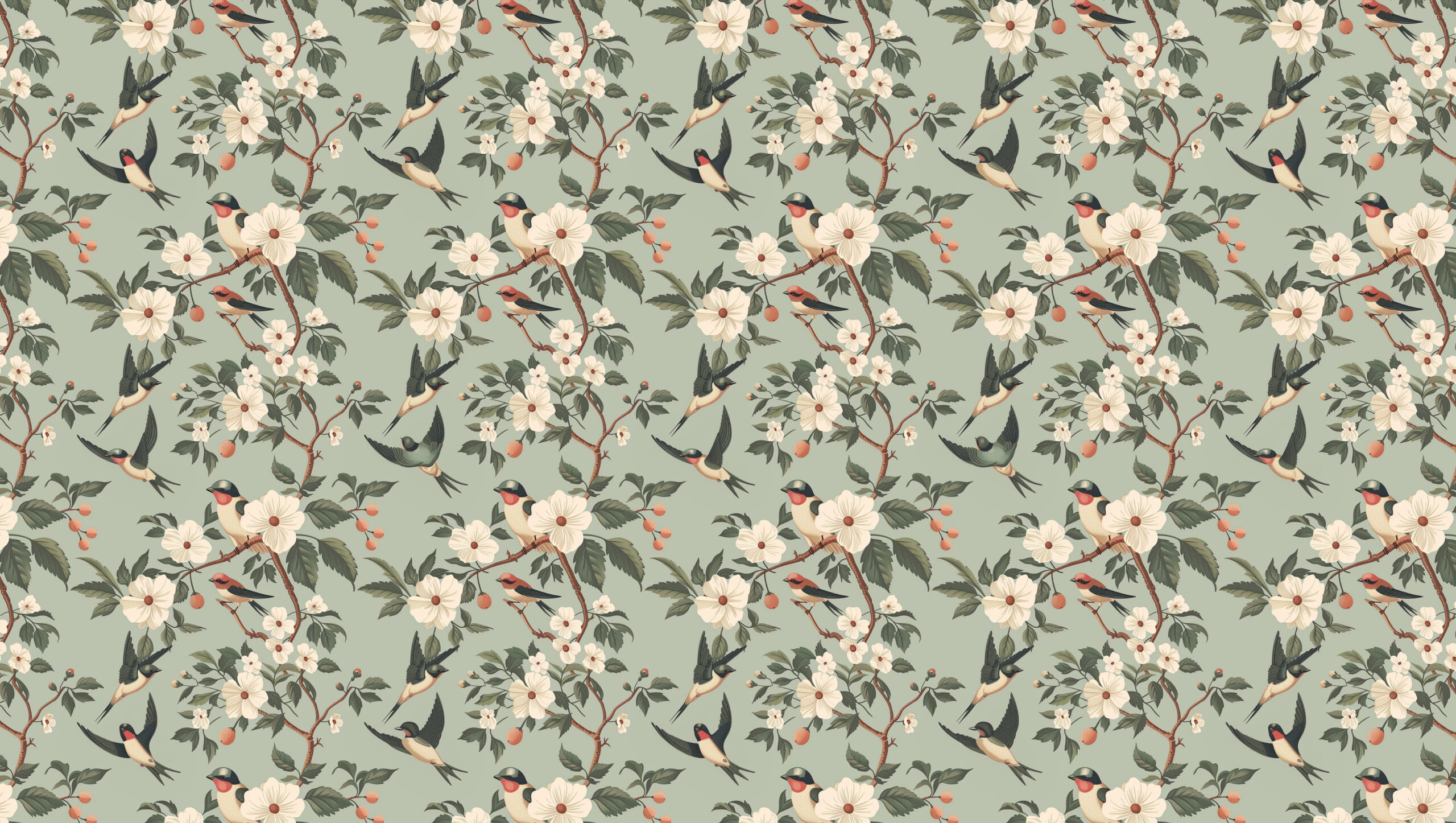 Soft Green Birds Vintage Floral Wallpaper Mural