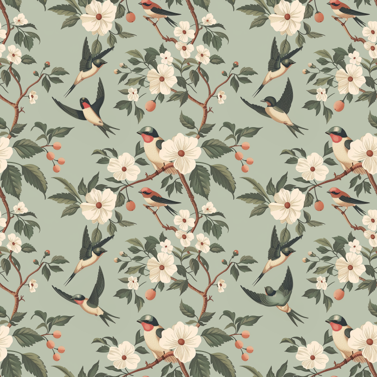 Vintage sage green wallpaper with birds and white