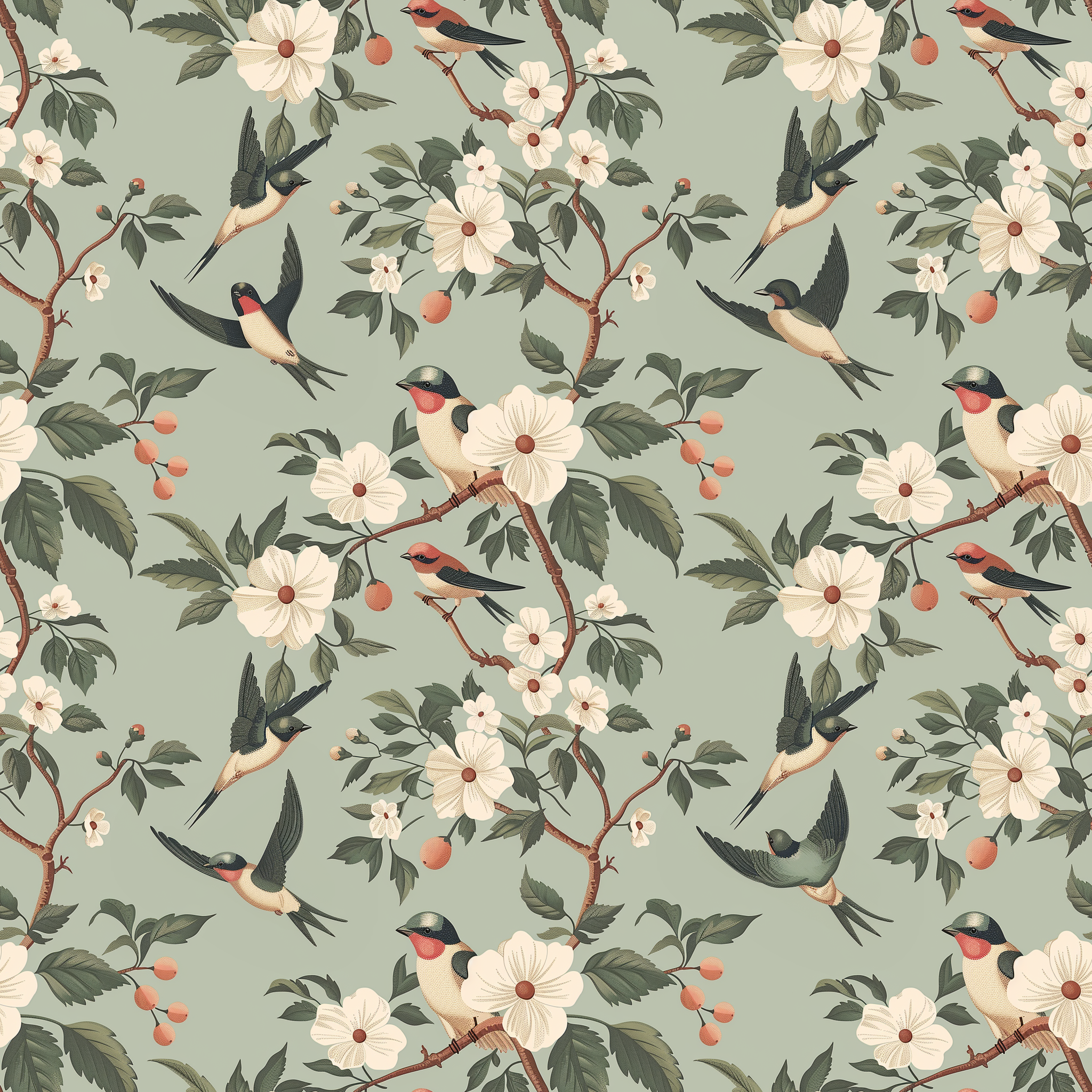 Soft Green Birds Vintage Floral Wallpaper Mural