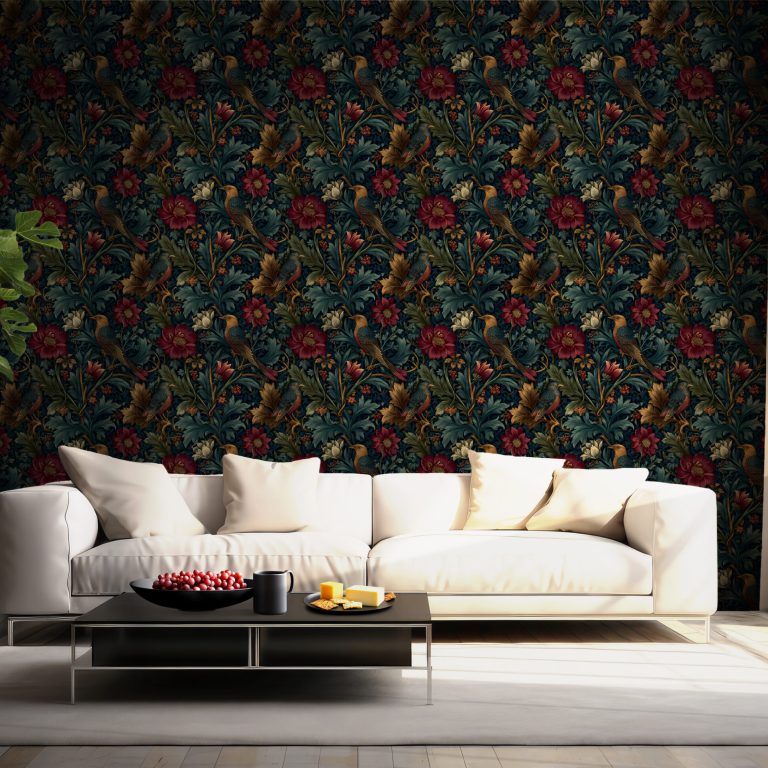 Vintage botanical birds wallpaper with dark teal