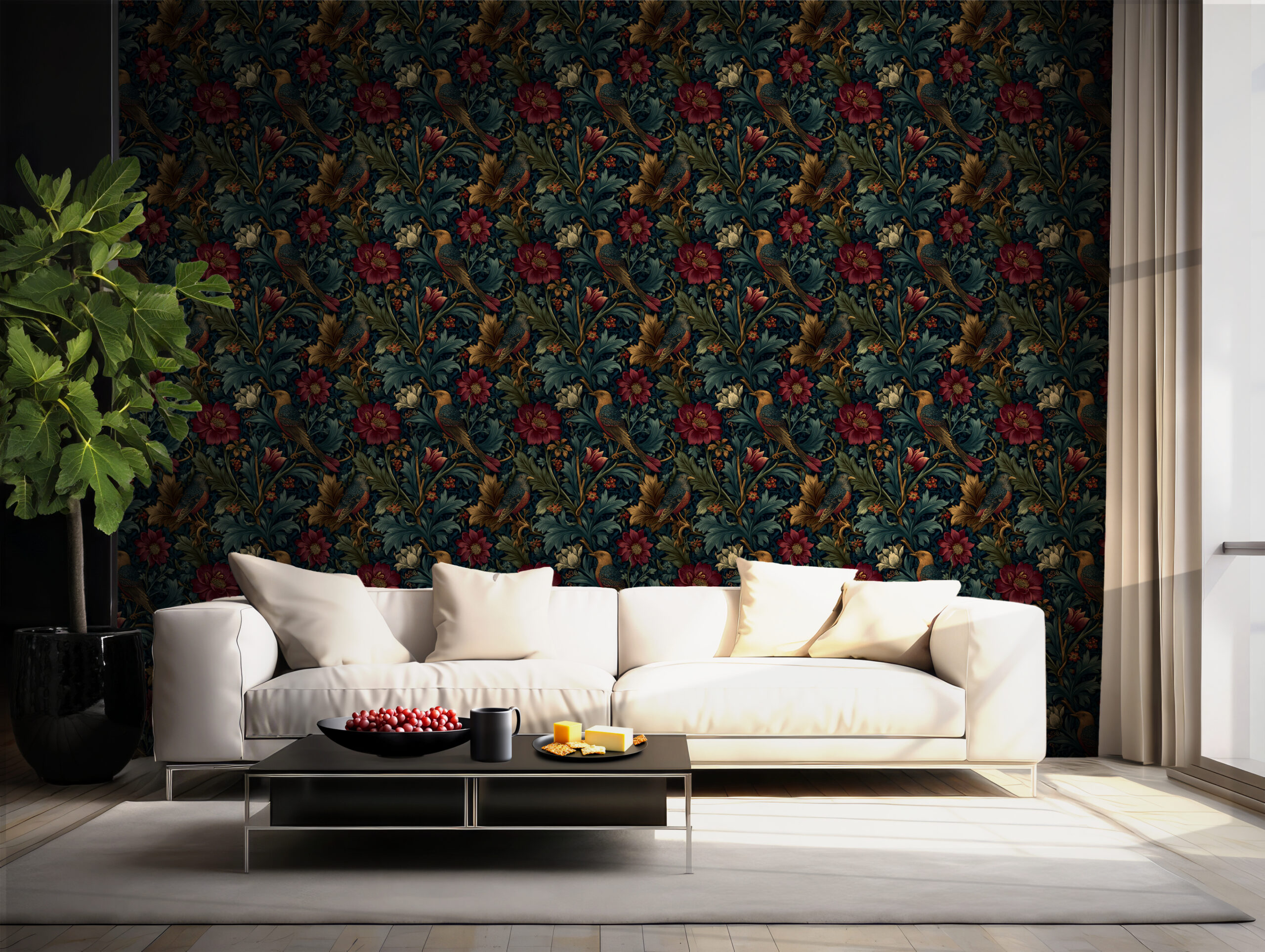 Victorian Bird & Flower Deep Blue & Green Mural