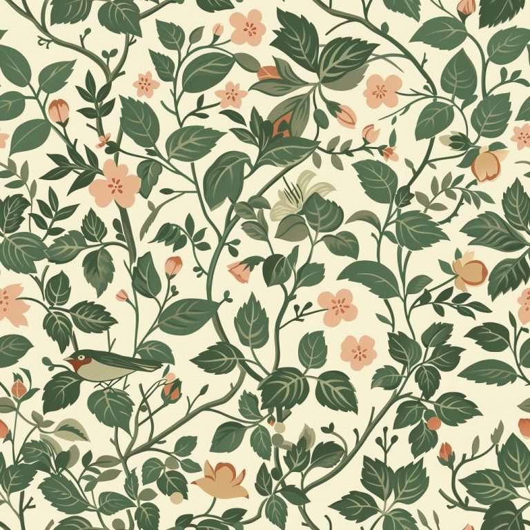 Green Meadow Songbird Vintage Botanical Wallpaper