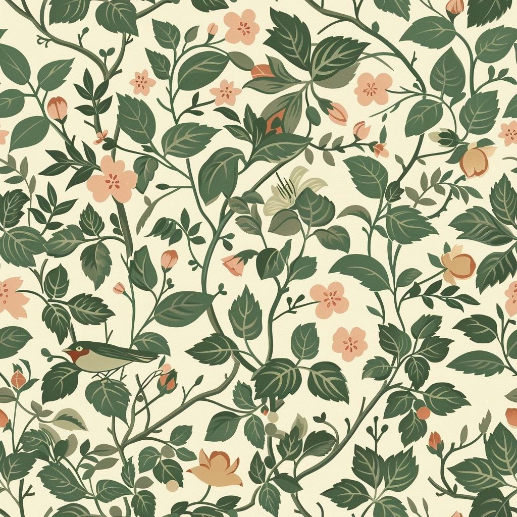 Green Meadow Songbird Vintage Botanical Wallpaper