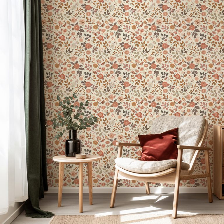 Autumn Meadow Retro Floral Mural Wallpaper