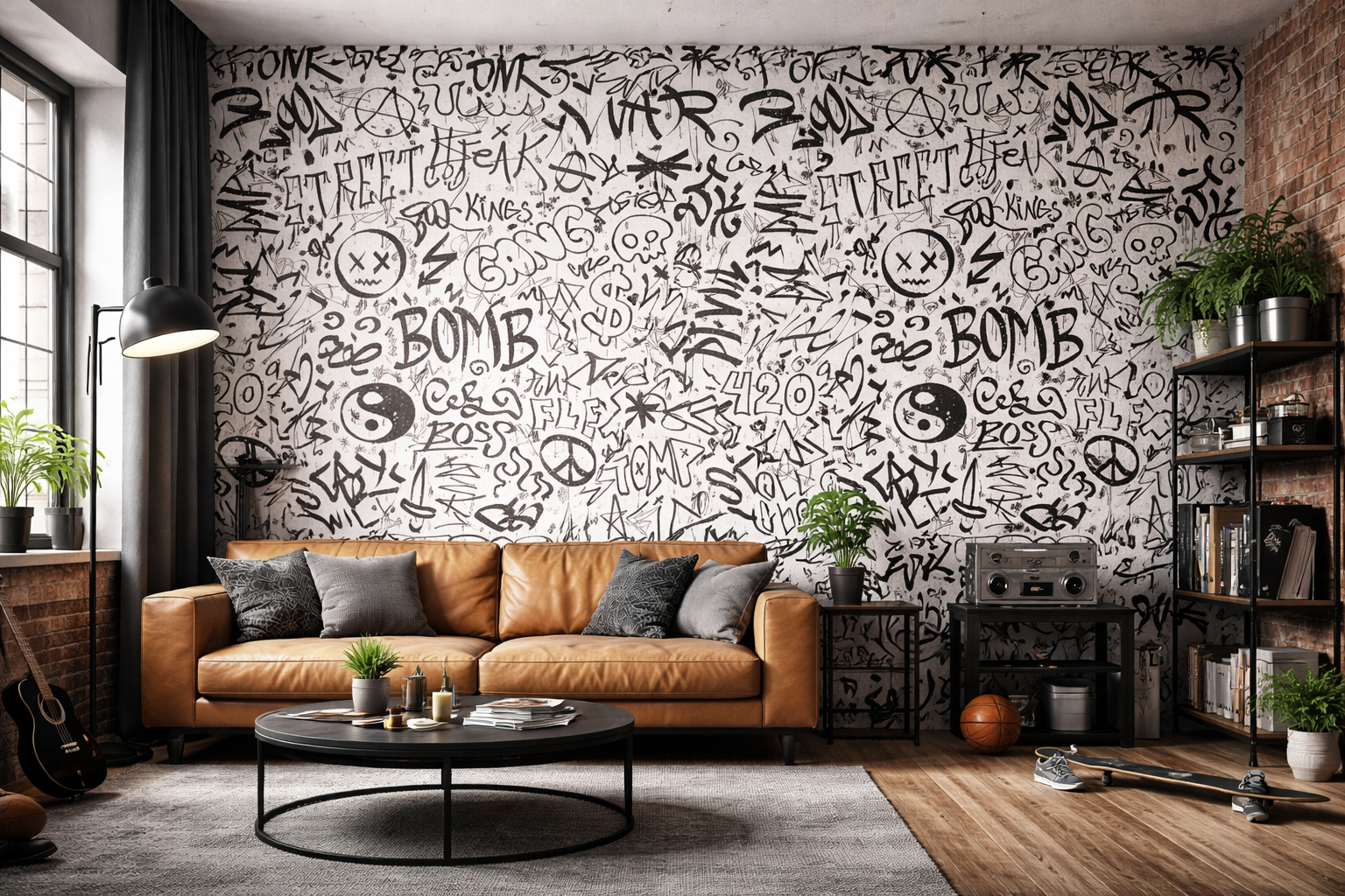 Black & White Urban Graffiti Wallpaper Mural