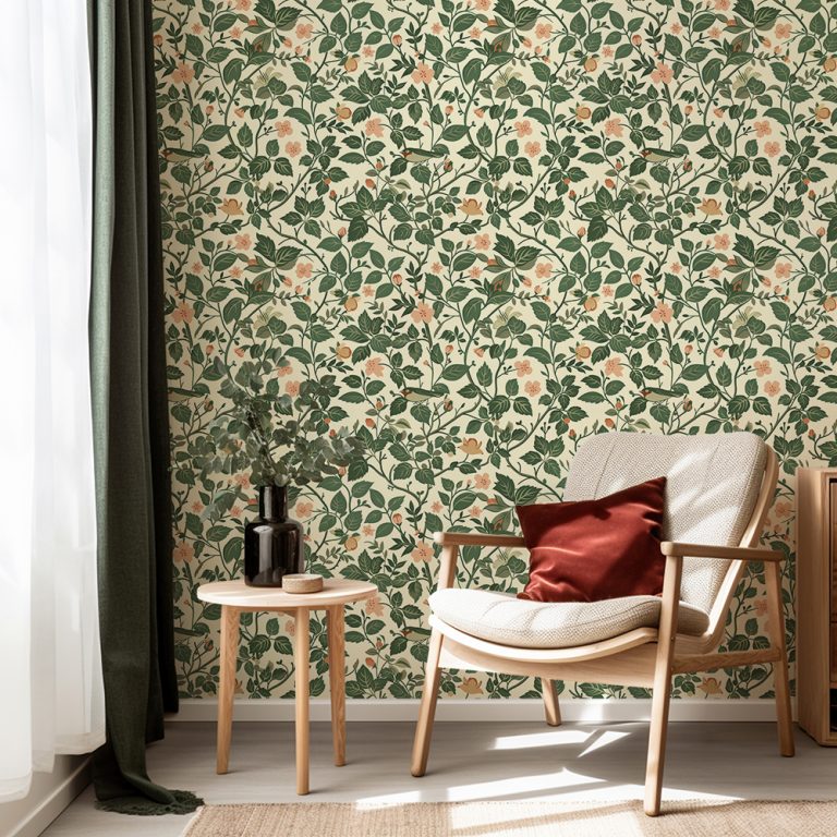 Green Meadow Songbird Vintage Botanical Wallpaper