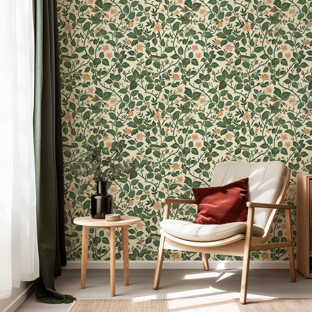 Green Meadow Songbird Vintage Botanical Wallpaper