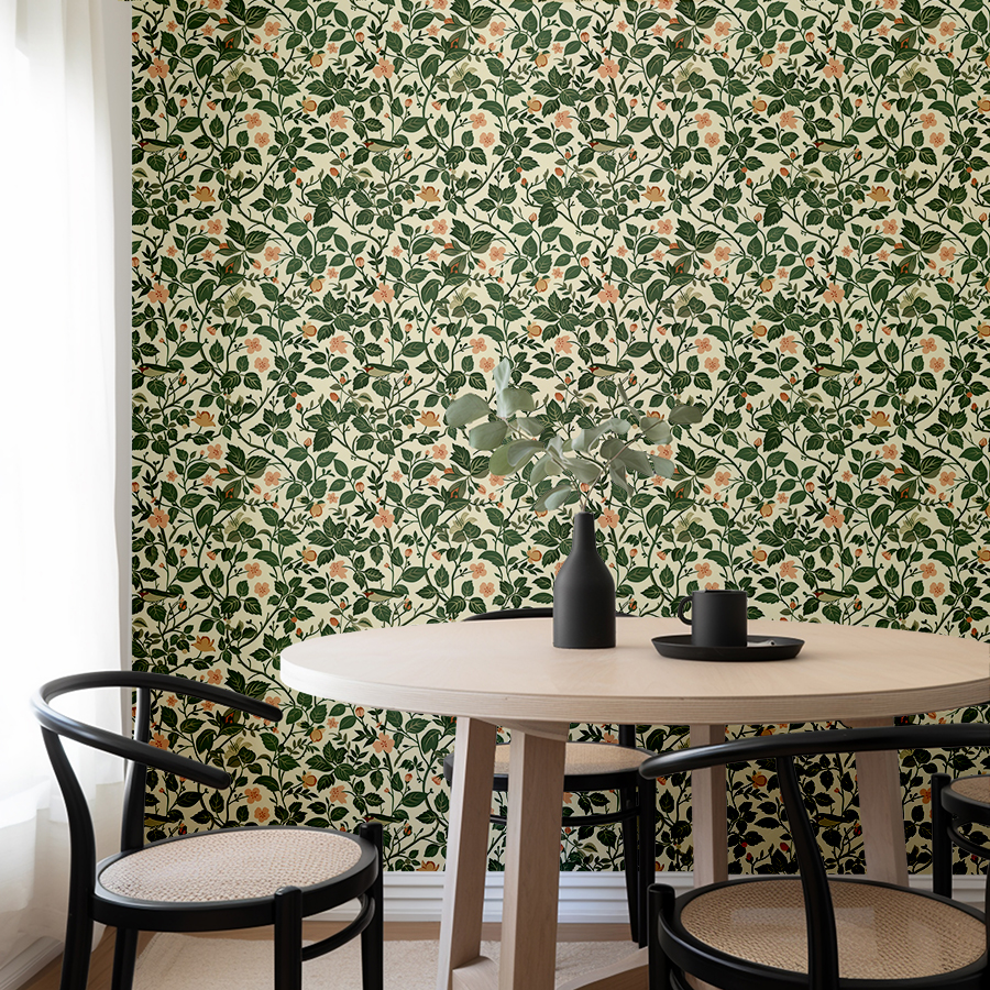 Green Meadow Songbird Vintage Botanical Wallpaper
