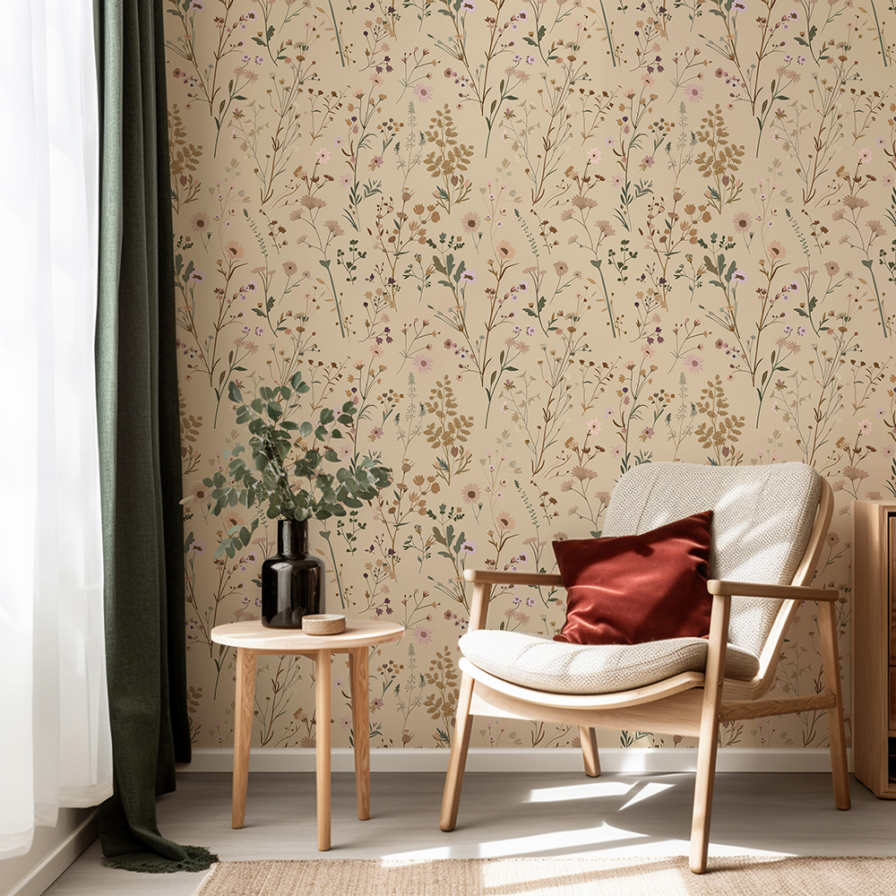 Neutral Wildflower Beige Botanical Floral Mural