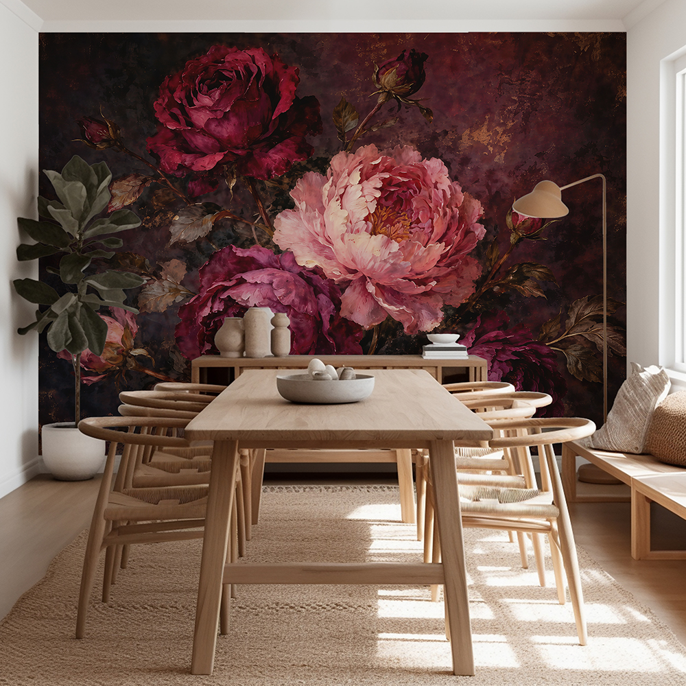 Dark Burgundy Floral Peony Wallpaper Mural