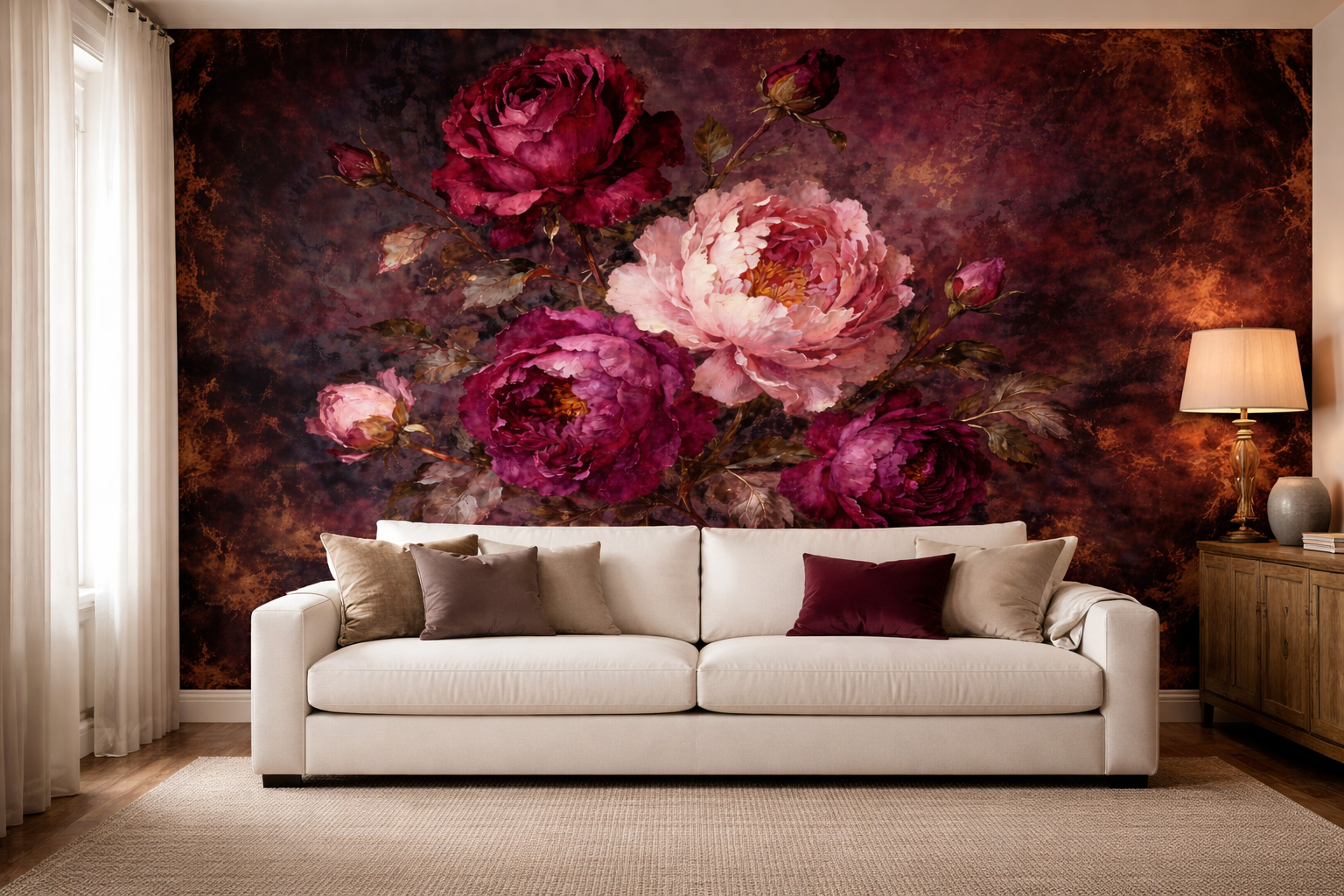 Dark Burgundy Floral Peony Wallpaper Mural