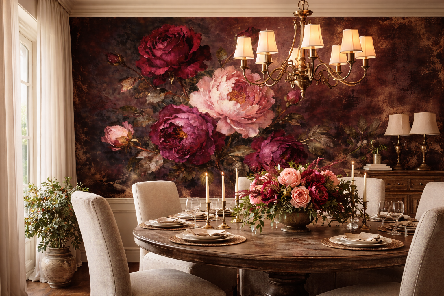 Dark Burgundy Floral Peony Wallpaper Mural