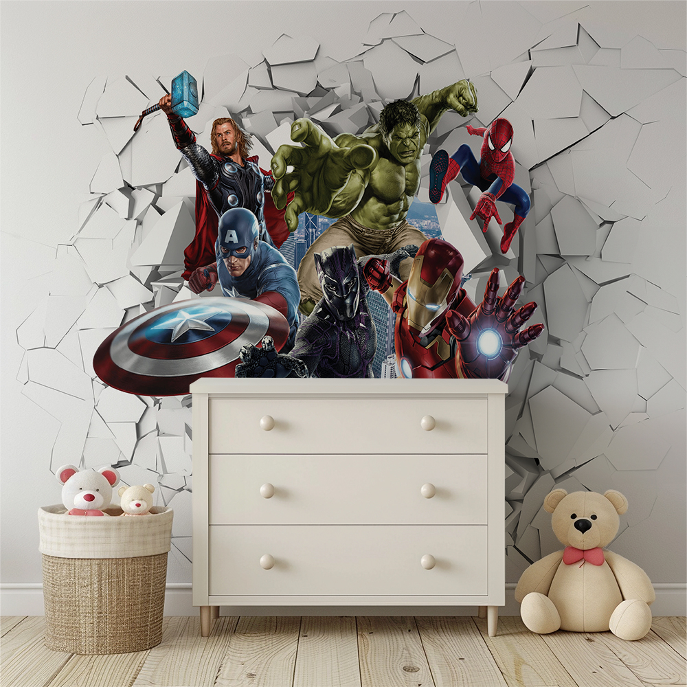 Superhero Wall Break Kids Room Mural 3D Action