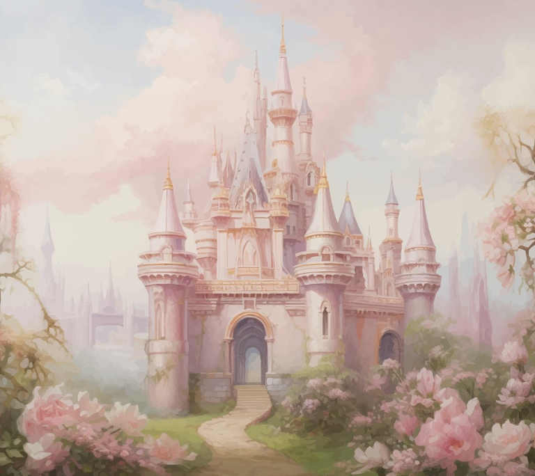 Princess Castle Wall Mural Girl's Room Pink Fantasy Palace Cartoon Fairytale Wallpaper