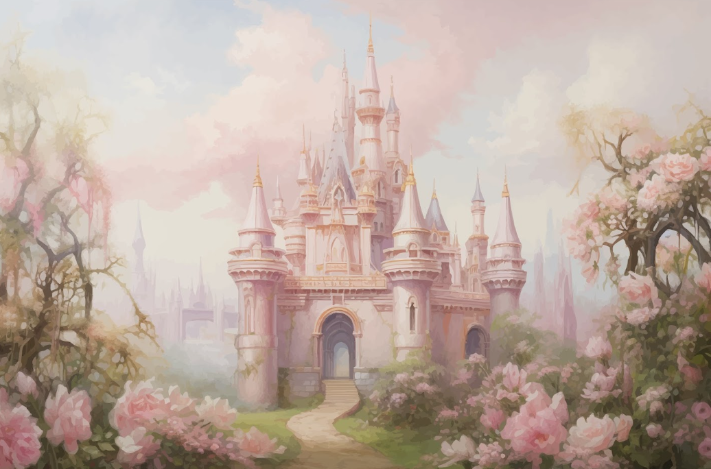 Princess Castle Wall Mural Girl's Room Pink Fantasy Palace Cartoon Fairytale Wallpaper
