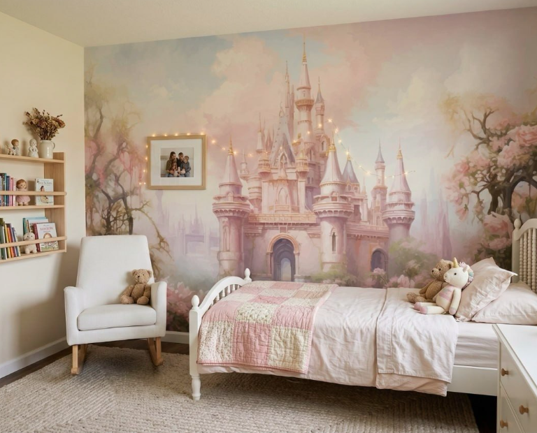 Princess Castle Wall Mural Girl's Room Pink Fantasy Palace Cartoon Fairytale Wallpaper