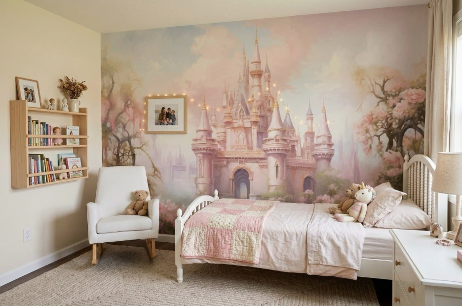 Princess Castle Wall Mural Girl's Room Pink Fantasy Palace Cartoon Fairytale Wallpaper