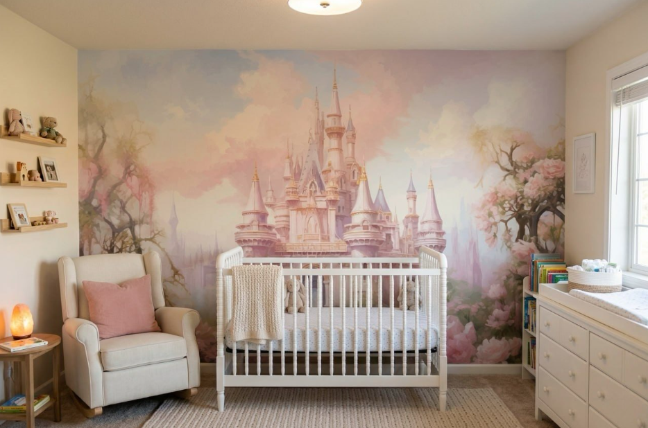 Princess Castle Wall Mural Girl's Room Pink Fantasy Palace Cartoon Fairytale Wallpaper