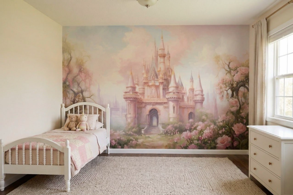 Princess Castle Wall Mural Girl's Room Pink Fantasy Palace Cartoon Fairytale Wallpaper