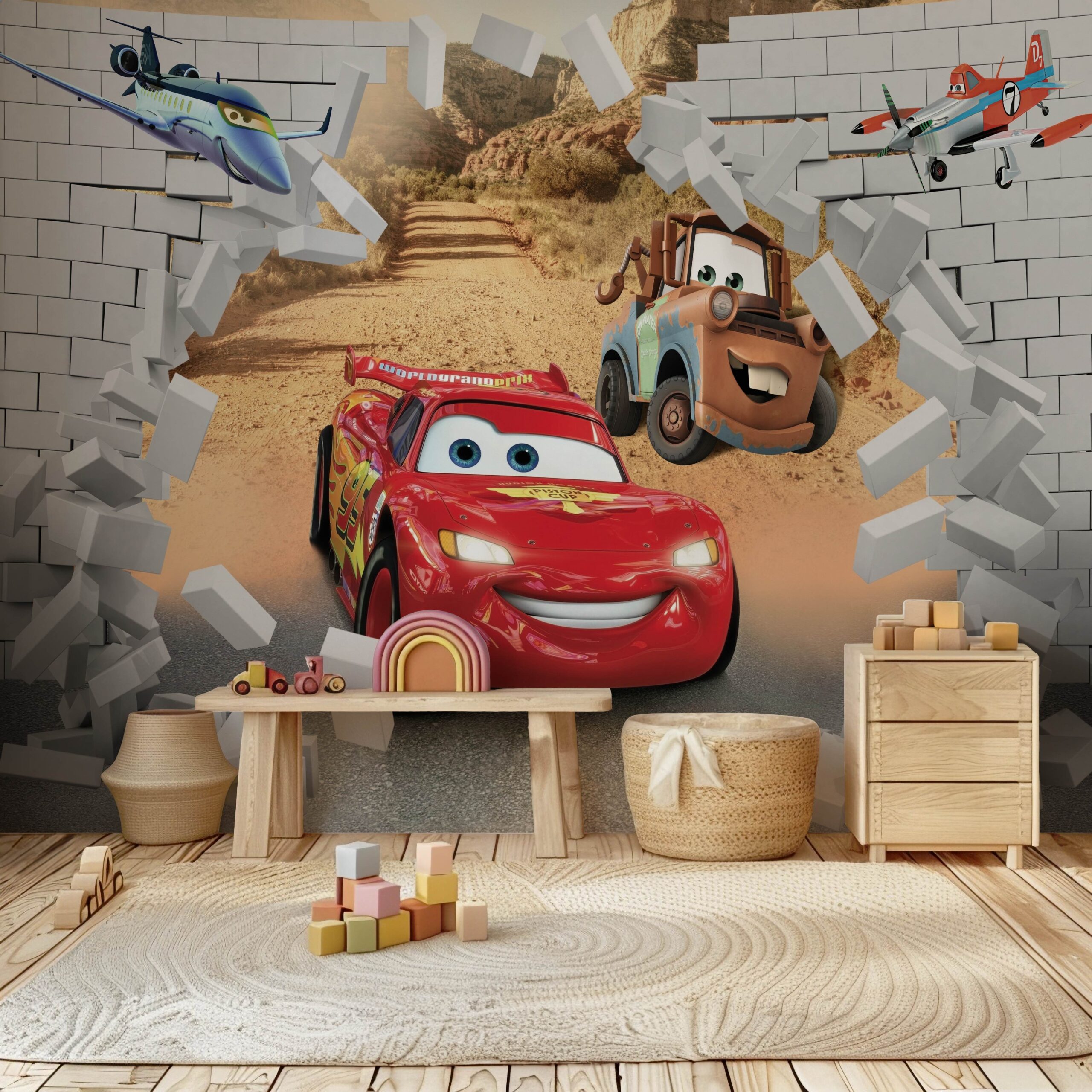 Racing Cars Wall Break Kids Room Nursery Mural 3D