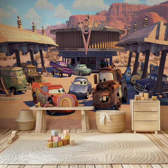 Retro Cartoon Cars Gas Station Kids Room Wall