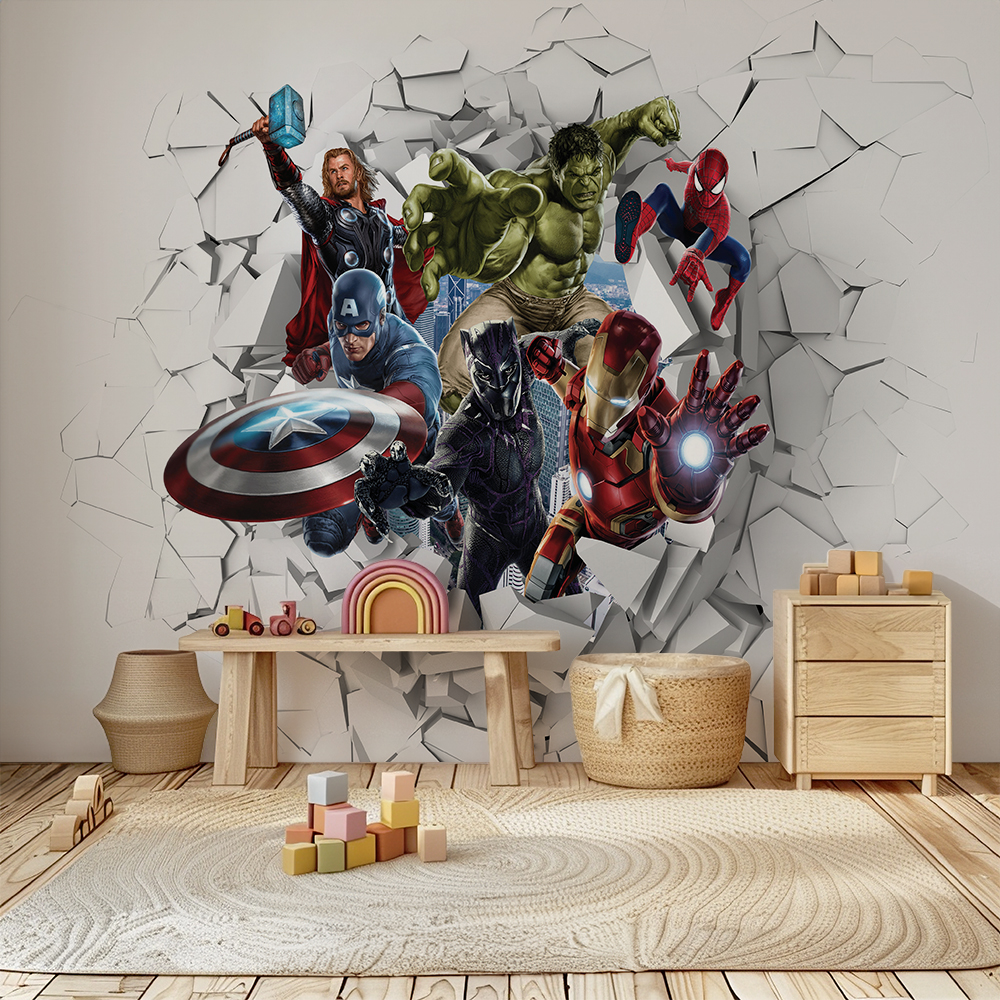 Superhero Wall Break Kids Room Mural 3D Action
