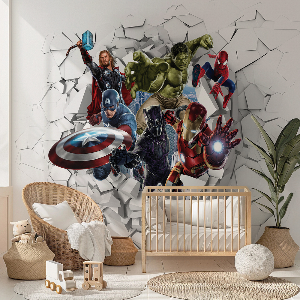 Superhero Wall Break Kids Room Mural 3D Action